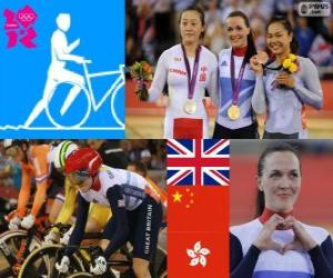 пазл Женщин в кейрине трек Велоспорт подиум, Виктория Пендлтон (Соединенное Королевство), го Шуан (Китай) и ли Вай-Цзе - Лондон 2012-(Гонконг)